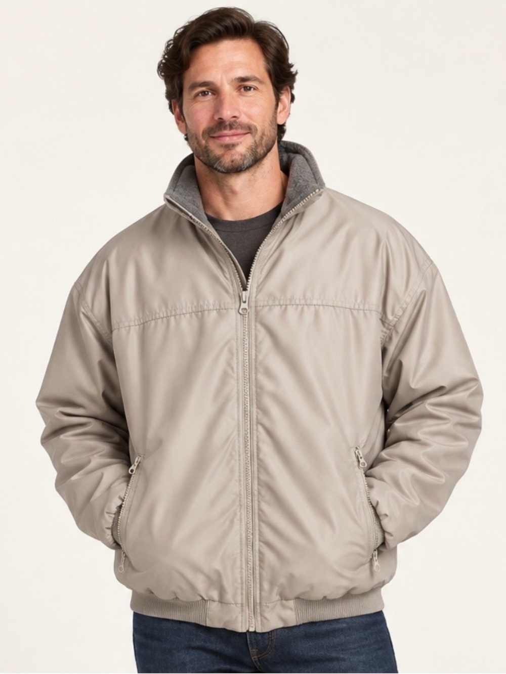 Chaps Khaki XL Bomber Jacket Gray Fleece Lined LIKE NEW